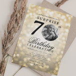 Invitation SURPRISE Photo 70th Birthday Party Gold Bokeh<br><div class="desc">Un design élégant "70e anniversaire" d'invitation de fête avec photo personnalisée,  typographie moderne et un arrière - plan de lumières de livre.</div>
