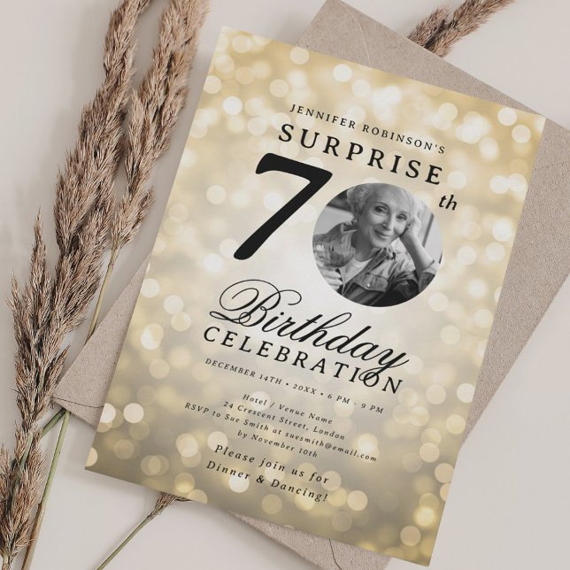 Invitation SURPRISE Photo 70th Birthday Party Gold Bokeh (SURPRISE Photo 70th Birthday Party Gold Bokeh Invitation)