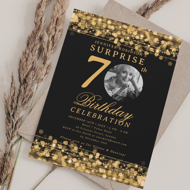 Invitation SURPRISE Photo 70th Birthday Party Gold Lights (SURPRISE Photo 70th Birthday Party Gold Lights Invitation)