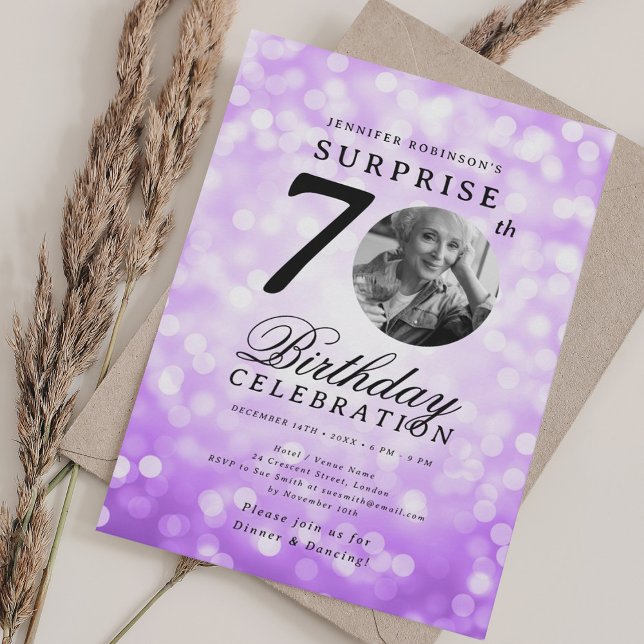 Invitation SURPRISE Photo 70th Birthday Party Purple Bokeh (SURPRISE Photo 70th Birthday Party Purple Bokeh Invitation)