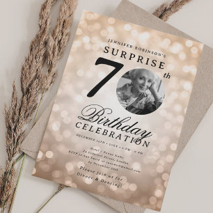 Invitation SURPRISE Photo 70th Birthday Party Rose Gold Bokeh