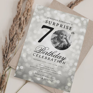 Invitation SURPRISE Photo 70th Birthday Party Silver Bokeh