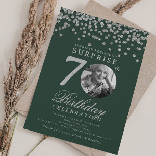 Invitation SURPRISE Photo 70th Birthday Party Silver Green