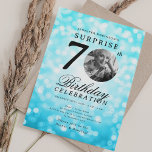 Invitation SURPRISE Photo 70th Birthday Party Turquoise Bokeh<br><div class="desc">Un design élégant "70e anniversaire" d'invitation de fête avec photo personnalisée,  typographie moderne et un arrière - plan de lumières de livre.</div>