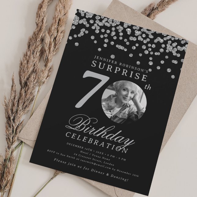 Invitation SURPRISE Photo 70th Birthday Silver Black (SURPRISE Photo 70th Birthday Silver Black Invitation)