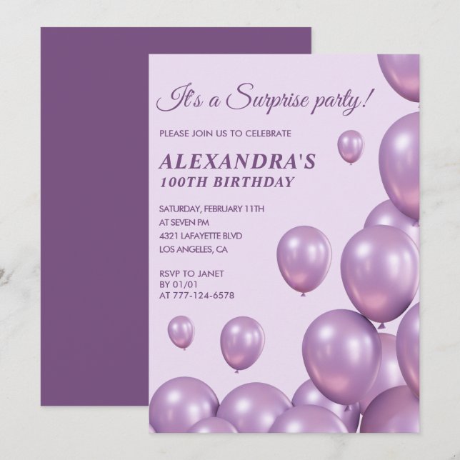 Invitation surprise pour 100 ans Ballons Moderne (Devant / Derrière)