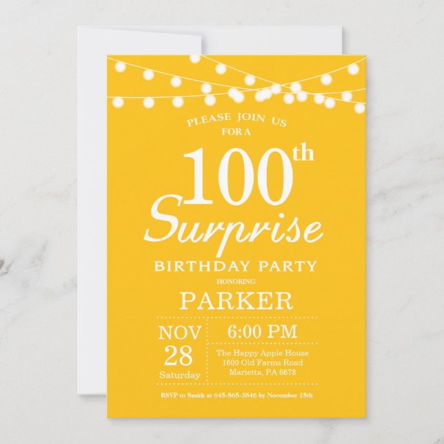 Invitation surprise pour 100e anniversaire jaune (Devant)