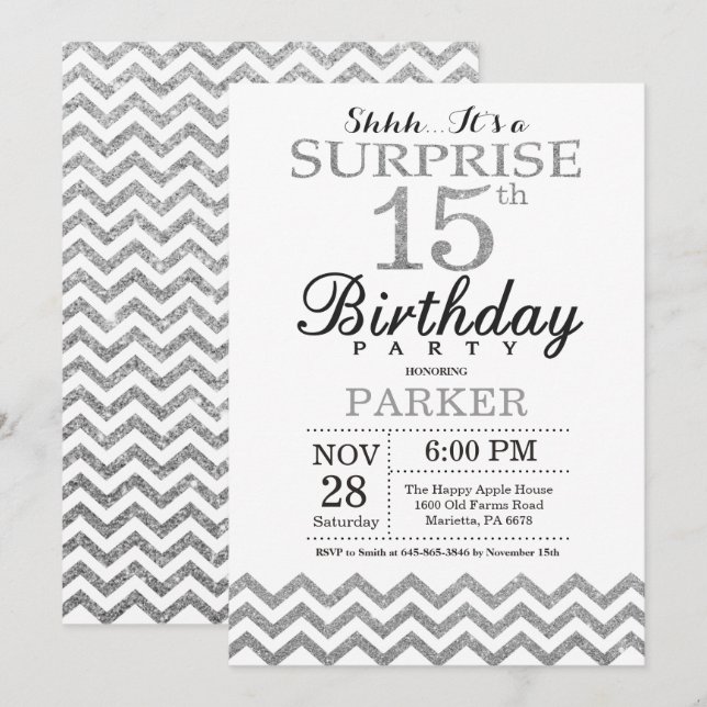 Invitation surprise pour 15 ans avec paillettes ar (Devant / Derrière)