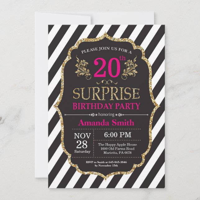 Invitation surprise pour 20 ans Anniversaire Rose  (Devant)