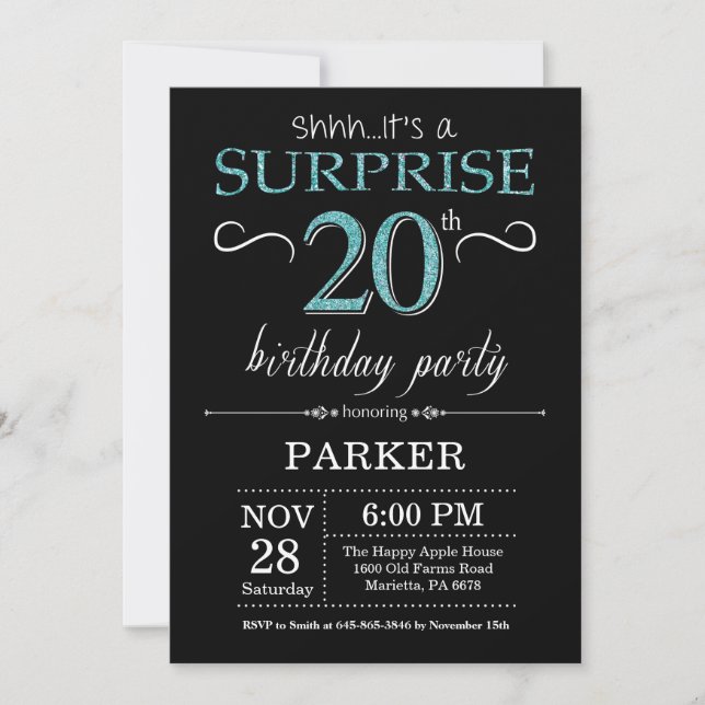 Invitation surprise pour 20e anniversaire noir et  (Devant)