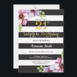 Invitation surprise pour 21 ans femmes floral<br><div class="desc">Invitation surprise pour les 21 ans pour femmes. Invitation de fête d'anniversaire noir et or. Paillettes dorées. Fleur florale aquarelle violette. Rayures noires et blanches. Numérique imprimable. Pour une personnalisation plus poussée,  veuillez cliquer sur le bouton "Personnaliser" et utiliser notre outil de conception pour modifier ce modèle.</div>