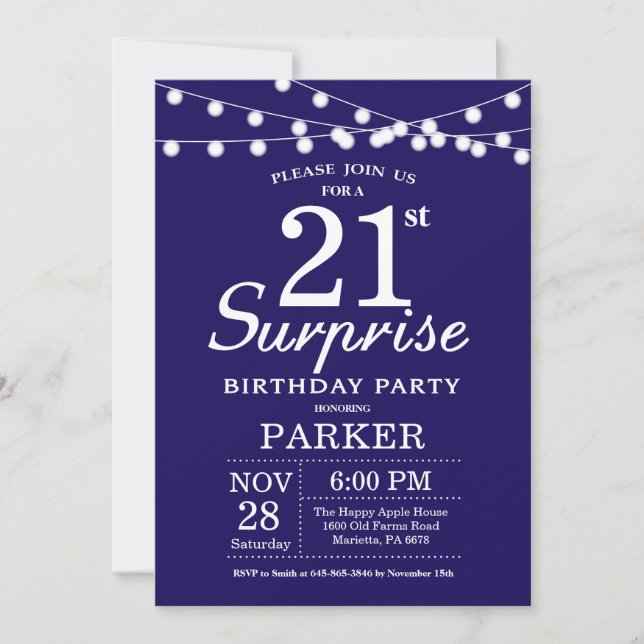 Invitation surprise pour 21e anniversaire Bleu mar (Devant)