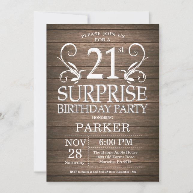 Invitation surprise pour 21e anniversaire en bois  (Devant)
