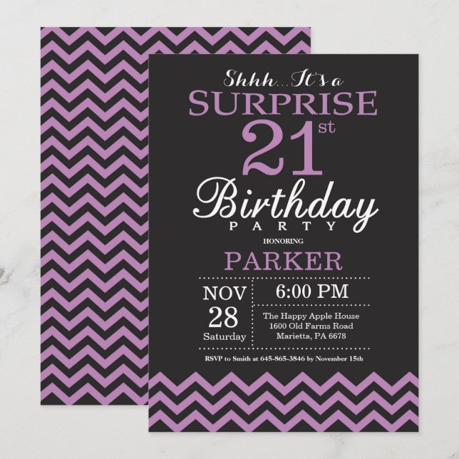 Invitation surprise pour 21e anniversaire noir et  (Devant / Derrière)