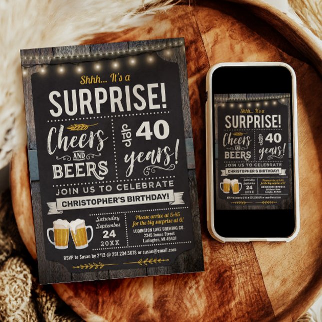 Invitation surprise pour 40 ans avec Cheers et Bee (Surprise Cheers and Beers 40th Birthday Invitation)