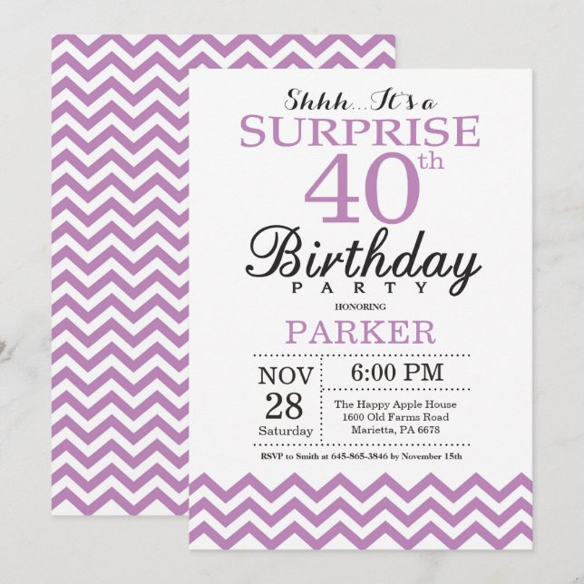 Invitation surprise pour 40 ans Chevron violet (Devant / Derrière)