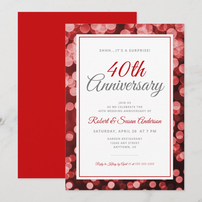 Invitation Surprise pour 40 ans de mariage | Bokeh rouge (Devant / Derrière)