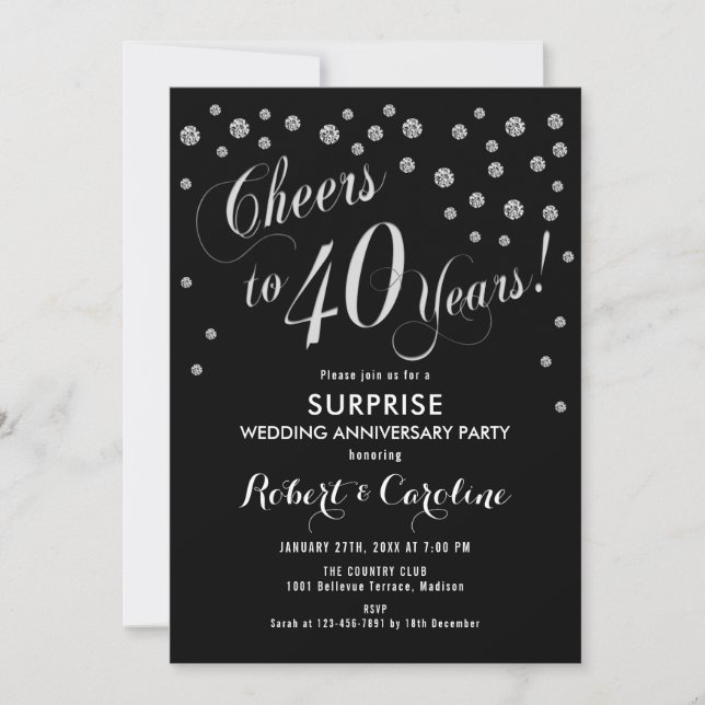 Invitation Surprise pour 40 ans de mariage - Noir et argent (Devant)
