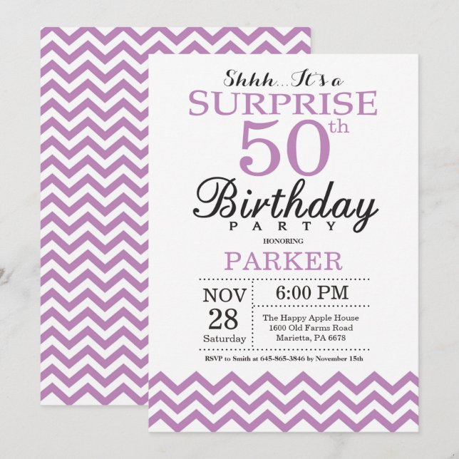 Invitation surprise pour 50 ans Chevron violet (Devant / Derrière)