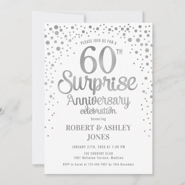Invitation Surprise pour 60 ans de mariage - Argent & Blanc (Devant)