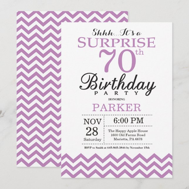 Invitation surprise pour 70 ans avec Chevron Viole (Devant / Derrière)