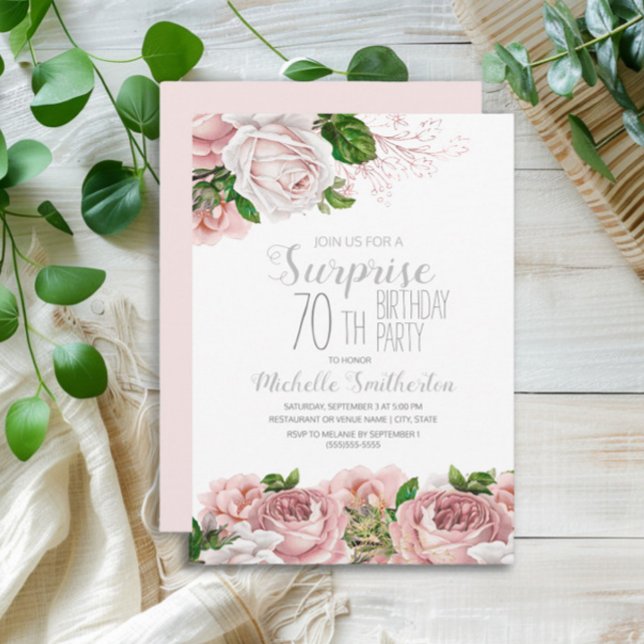 Invitation surprise pour 70e anniversaire Fleurs r (Blush pink vintage floral surprise 70th birthday party invitation)