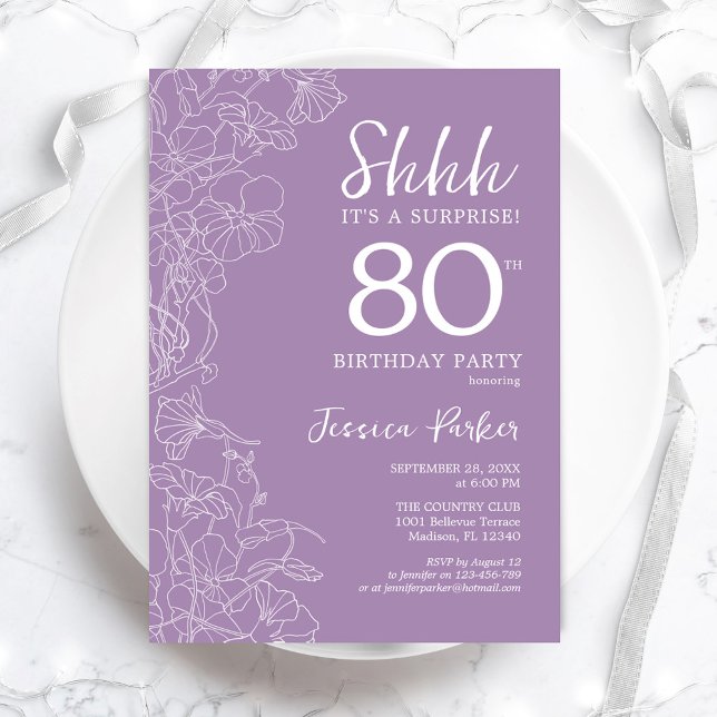 Invitation Surprise pour 80 ans - Floral Violet (Créateur téléchargé)