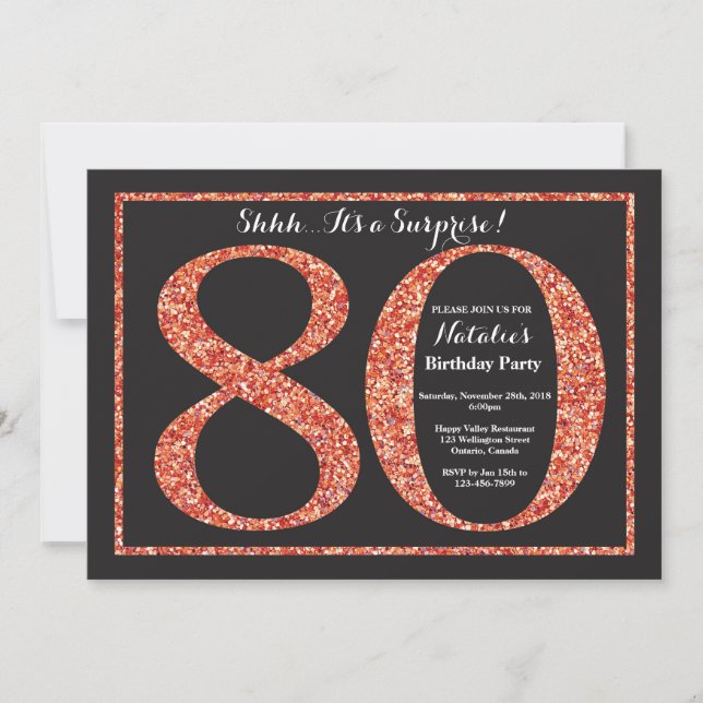 Invitation surprise pour 80 ans Orange Paillettes (Devant)
