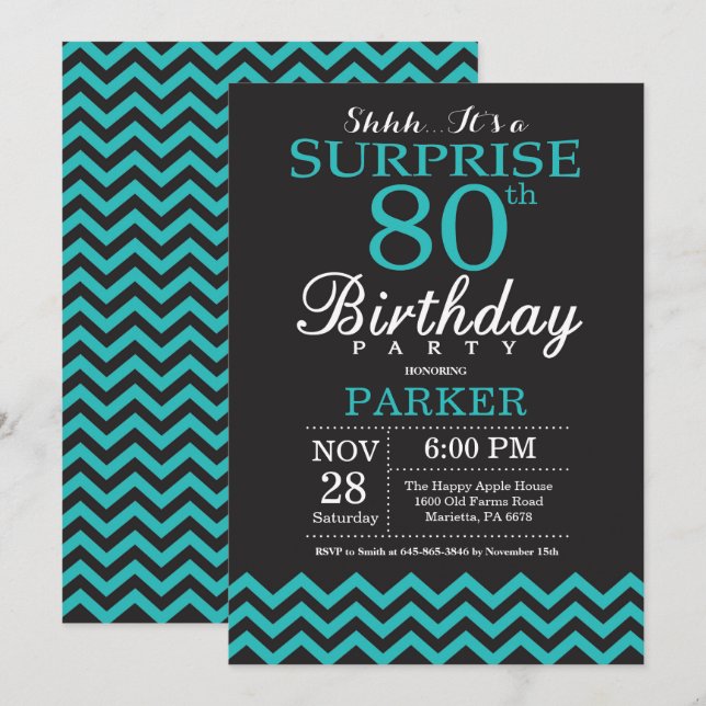 Invitation surprise pour 80e anniversaire noir et  (Devant / Derrière)