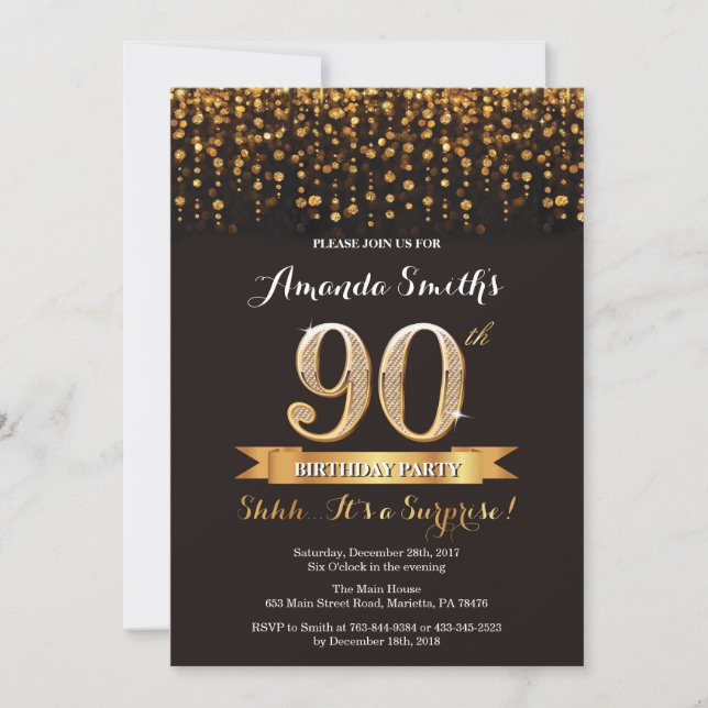Invitation surprise pour 90e anniversaire noir et  (Devant)