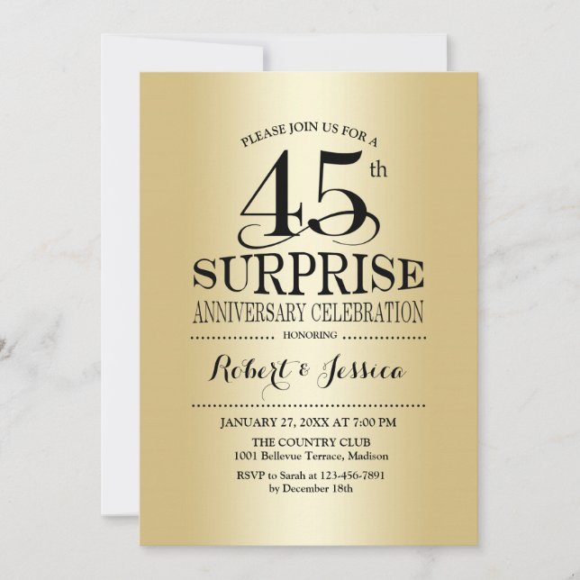 Invitation Surprise pour le 45e anniversaire de mariage - Or (Devant)