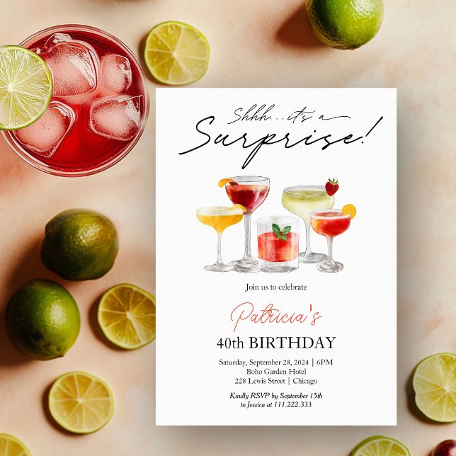 Invitation Surprise pour les 40 ans, cocktail à l'aquarelle (Créateur téléchargé)