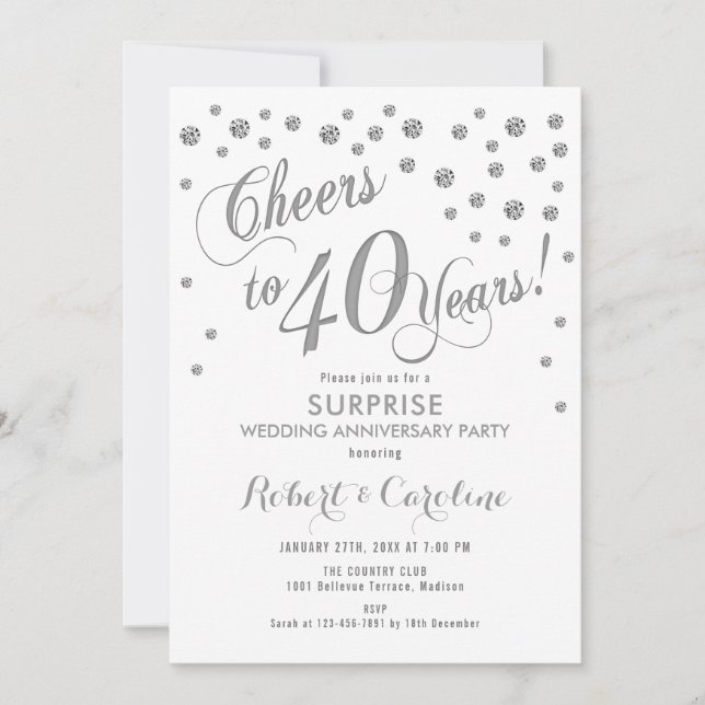 Invitation Surprise pour les 40 ans de mariage - Blanc et Arg (Devant)
