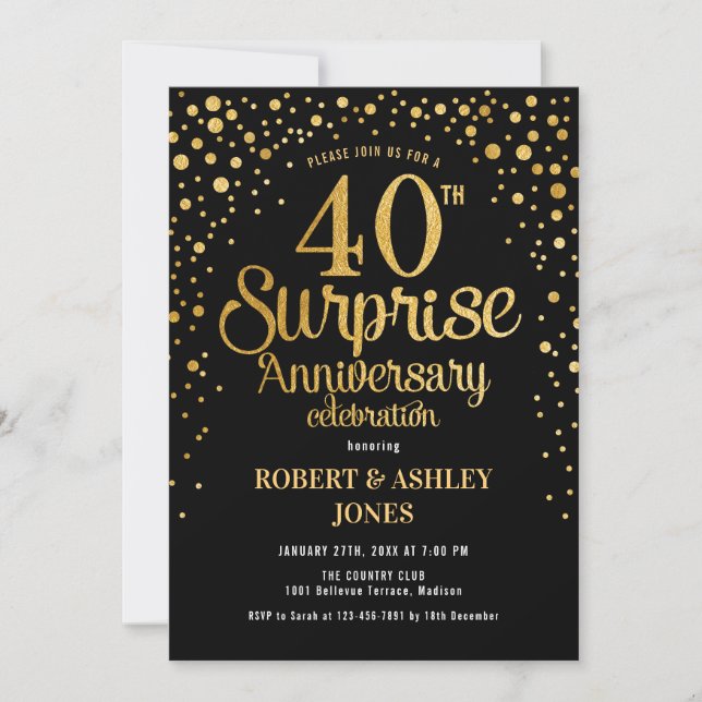 Invitation Surprise pour les 40 ans de mariage - Noir et or (Devant)
