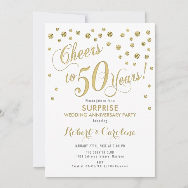 Invitation Surprise pour les 50 ans de mariage - Blanc et Or (Devant)