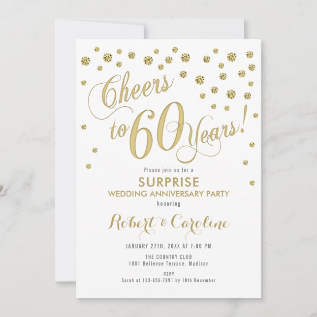 Invitation Surprise pour les 60 ans de mariage - Blanc et Or (Devant)