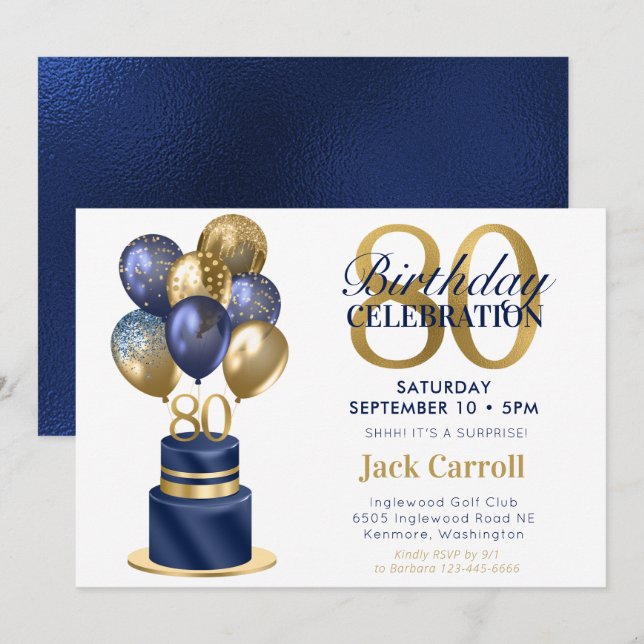 Invitation surprise pour les 80 ans avec gâteau bl (Devant / Derrière)