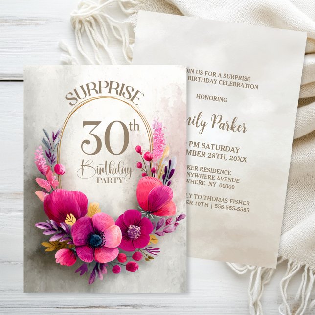 Invitation Surprise pour un 30e anniversaire aux fleurs roses (Créateur téléchargé)