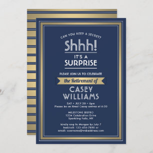 Invitation Surprise Retirement Party Navy Blue White Gold