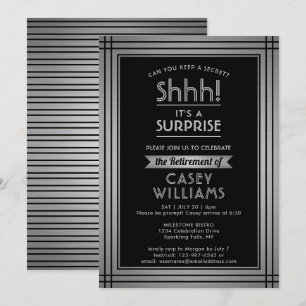Invitation Surprise Retraite Party Elégant Black Silver