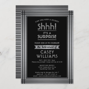 Invitation Surprise Retraite Party Elégant Black Silver