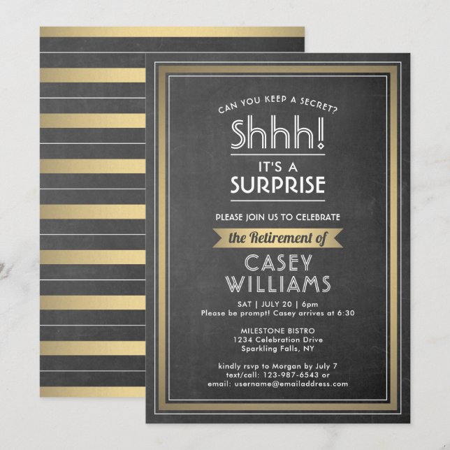 Invitation Surprise Retraite Party Élégant Chalkboard Gold (Devant / Derrière)