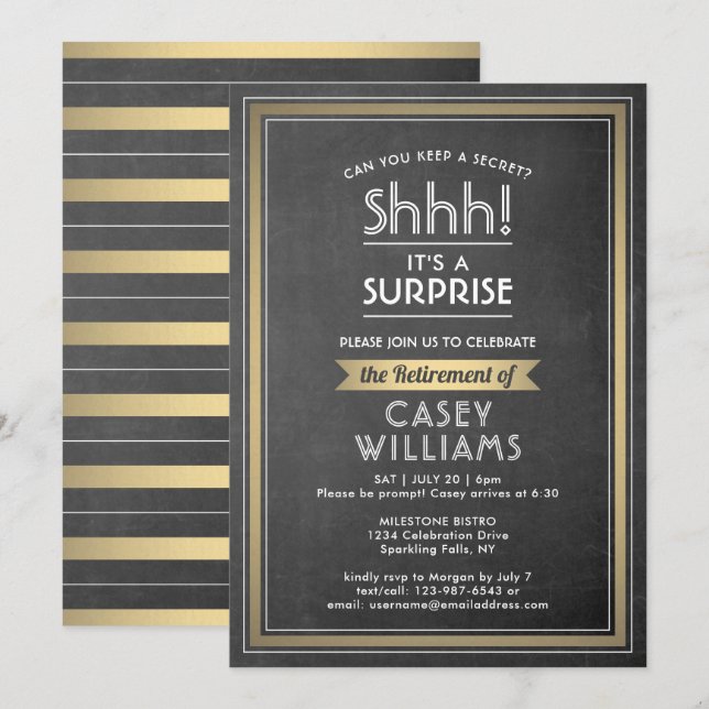 Invitation Surprise Retraite Party Élégant Chalkboard Gold (Devant / Derrière)