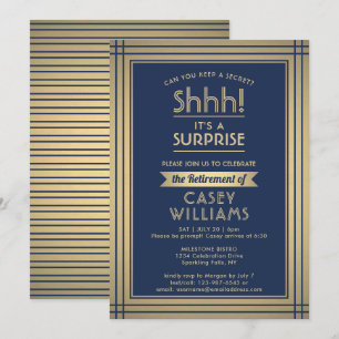 Invitation Surprise Retraite Party Elégant Marine Bleu & Or