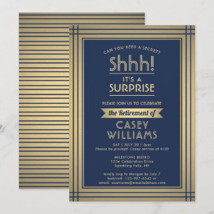 Invitation Surprise Retraite Party Élégant Marine Blue Gold