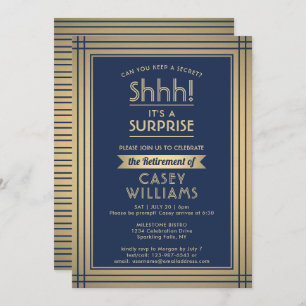 Invitation Surprise Retraite Party Élégant Marine Blue Gold