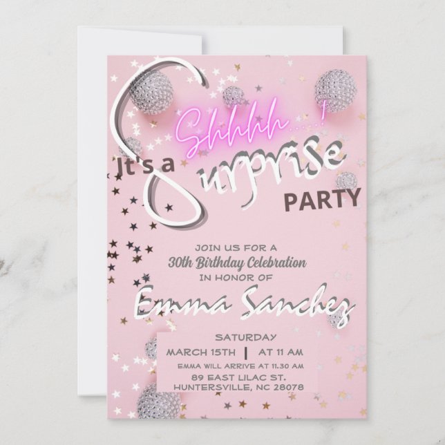Invitation surprise rose et grise avec QR rsvp (Devant)
