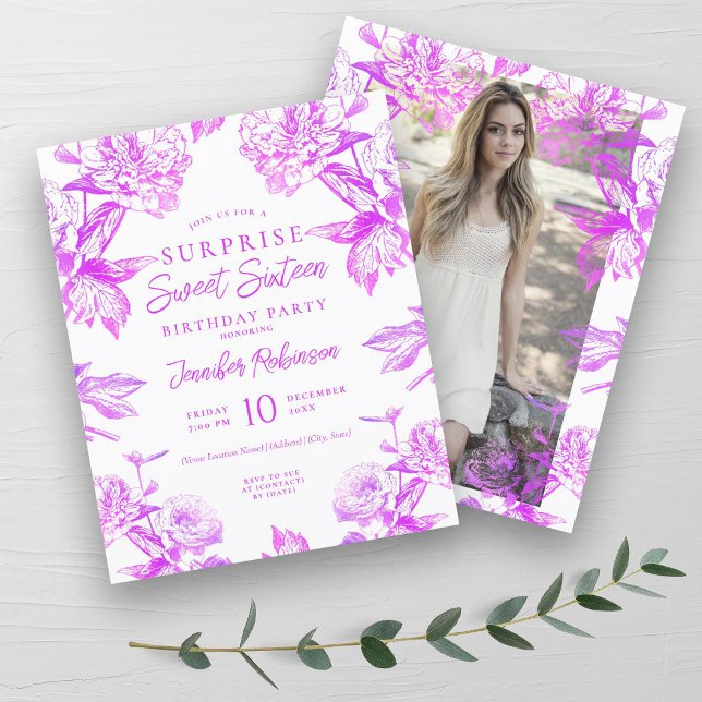 Invitation SURPRISE Rose Fleurie Budget pour un Jo (Budget Hot Pink Floral SURPRISE Sweet 16 Invite)