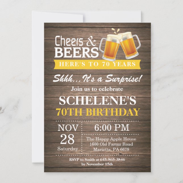 Invitation Surprise Rustic Cheers and Beers 70e anniversaire (Devant)