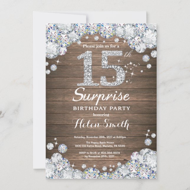 Invitation Surprise Rustique 15e Anniversaire Argent Diamant (Devant)